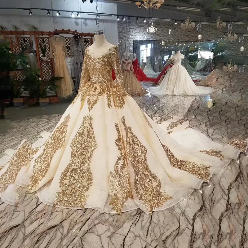 LSS380 Роскошные блестящие вечерние платья с золотыми блестками длинными рукавами