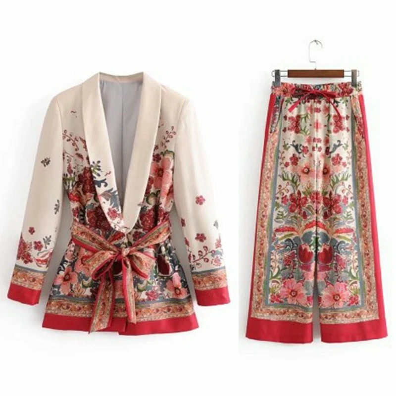 

Indie Two Piece Set Floral Blazer with Free Belt Women Ethnic Style Casual Office Blazer 2021 New Drawstring Wide Leg Pant Suits