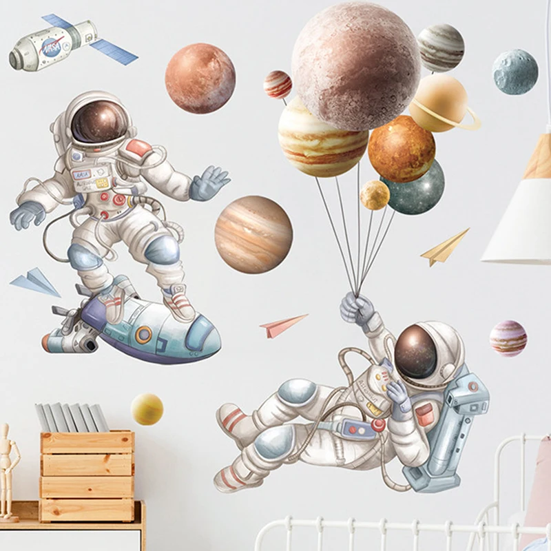 

Removable Vinyl Planet Sticker Skateboarding Astronaut Wall Stickers For Kids Room Bedroom Nursery Wall Decor Home Decoration