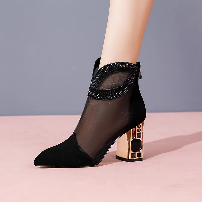 

High heeled summer sandals 2021 new women's fashion pointed diamond net boots patent leather hollow mesh cool boots