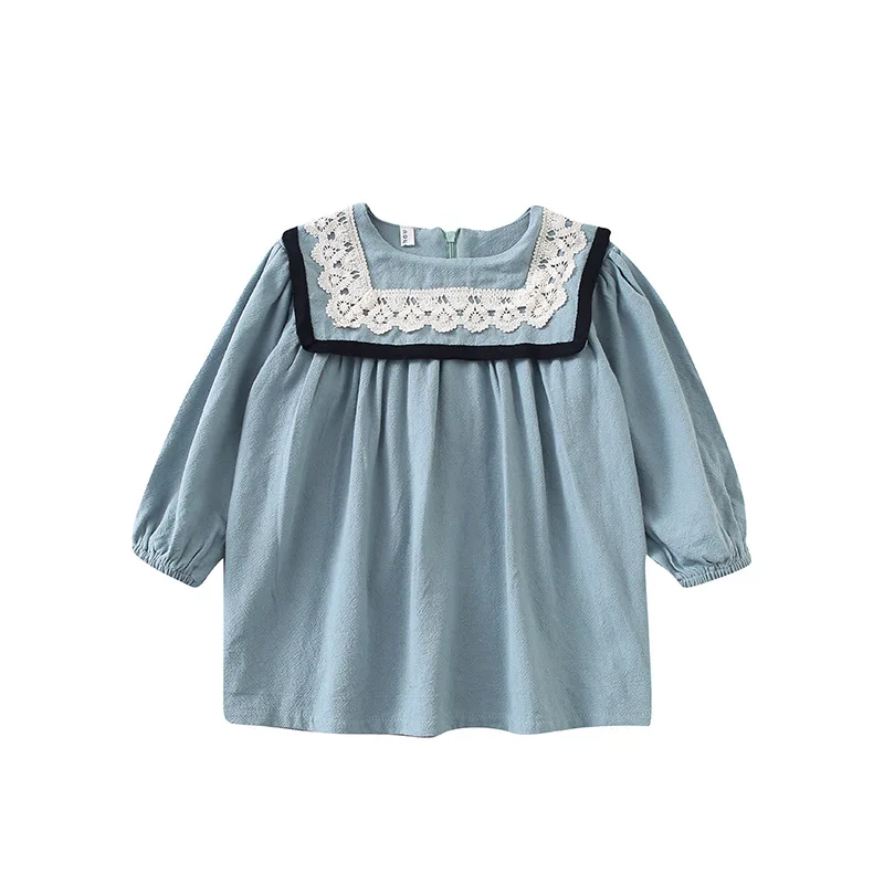 2019 Autumn New Arrival Korean style cotton long sleeve straight princess dress with lace collar for cute sweet baby girls | Детская