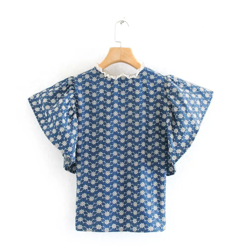 Женская футболка с оборками Za синяя укороченная цветочным принтом | одежда