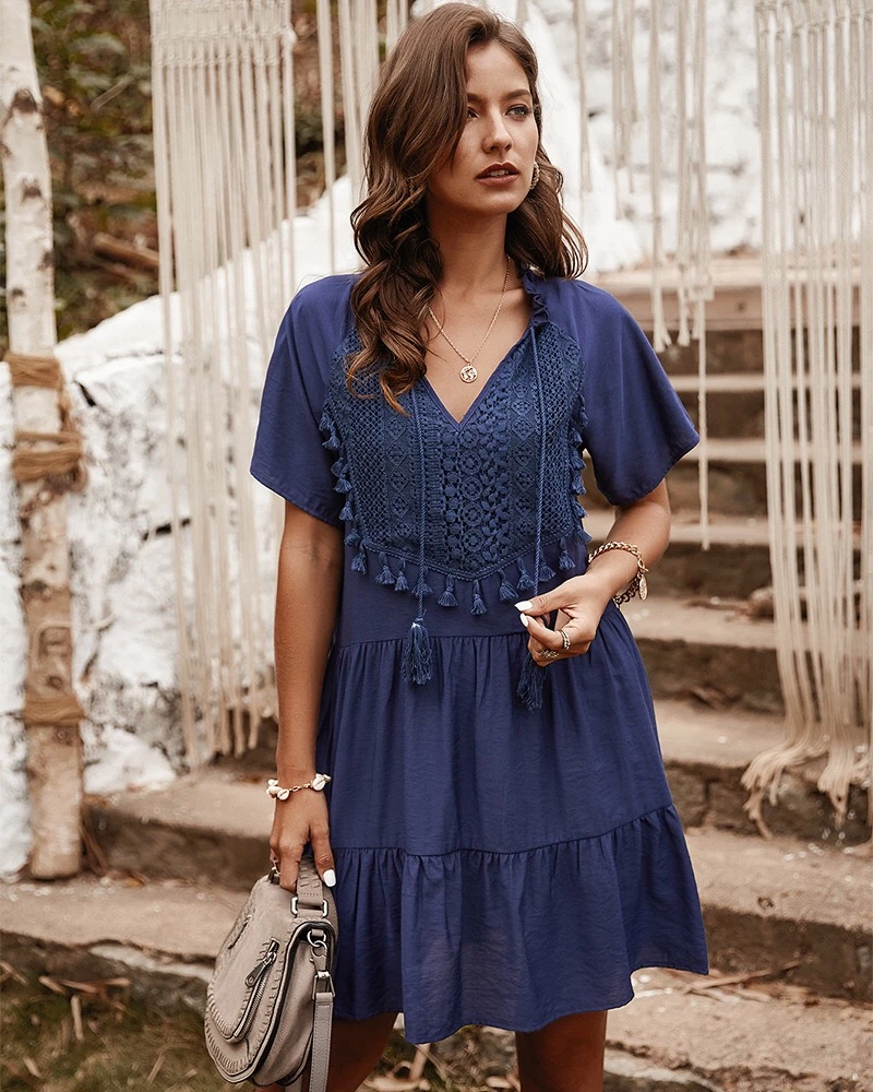 

Solid Vintage Mini Dress Summer Embroidery Cotton Dresses Lady Short Sleeve Loose Casual Pleated Dress Femme Robe S-XL