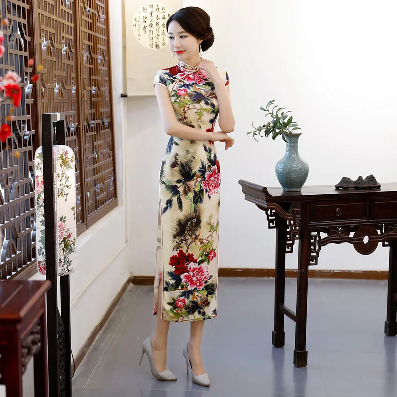 

Новинка 2020, стильное облегающее платье-Ципао с воротником-стойкой и длинной диагональной застежкой, традиционное китайское платье-Ципао с ...