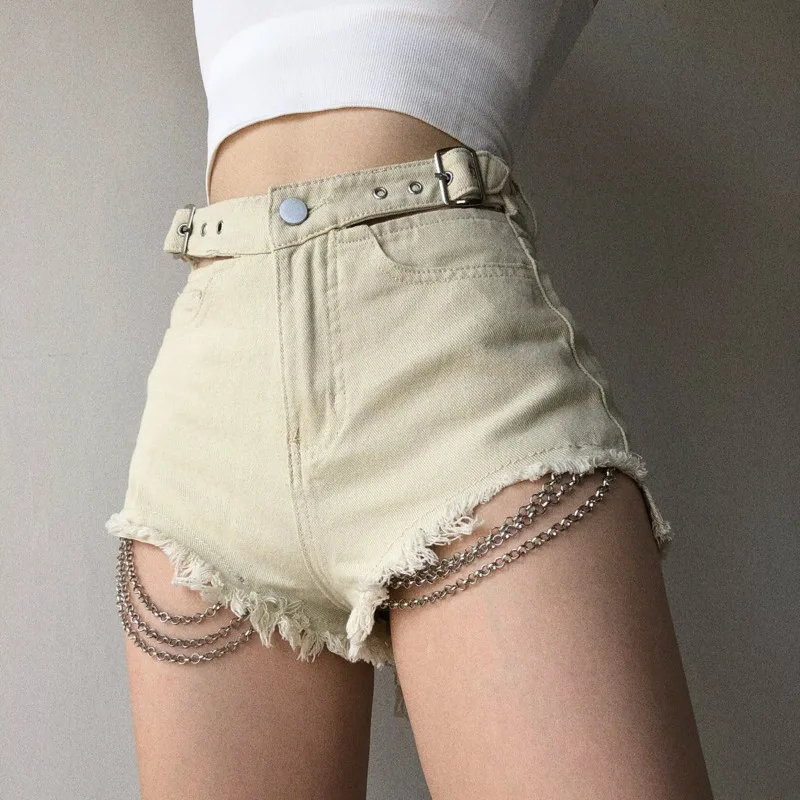

TVVOVVIN 2021 Summer New High Waist Thin Long Leg Chain Style Denim Shorts Korean Sexy Hot Women Harajuku Boho Strapon 4CEB