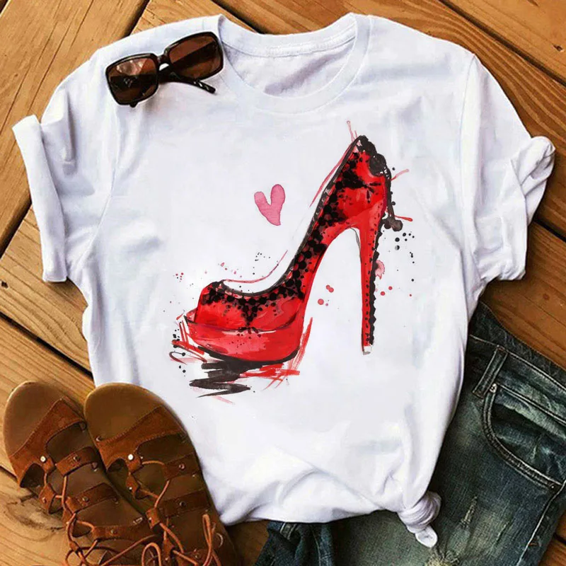 

New aesthetic Fashion Women's T-shirt Red High Heels Shoes and Lipstick Print Vogue T Shirt Female Harajuku Tops 90s Ladies Tee