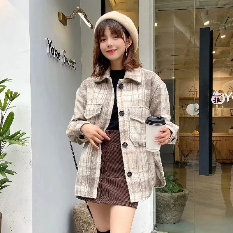 Женская винтажная клетчатая модная куртка повседневная однобортная jaqueta feminina