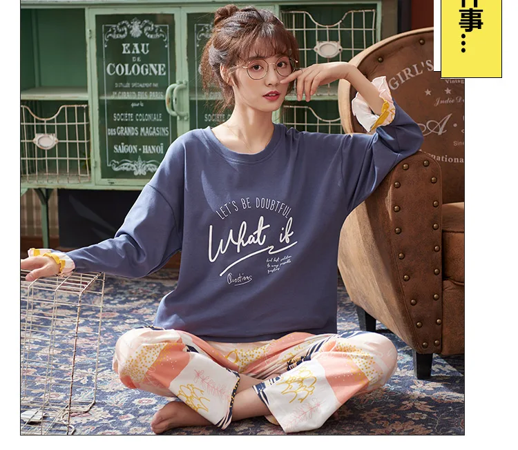 M L XL XXL XXXL 4XL Для женщин Хлопковая пижама комплект с принтом для девочек, пижамный комплект, пижама с длинными рукавами костюм Для женщин наборы пижам осень-зима