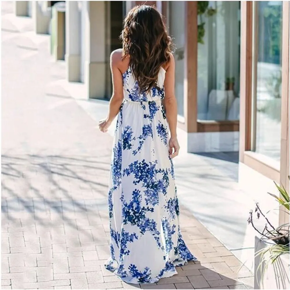

Fashion Off-The-Shoulder High Split Maxi Foral Dreeses For Women 2021 New Bohemian Sleeveless Waist Printing Dress Robe Femme