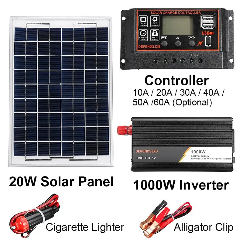 

12V/24V Solar Panel System 18V 20W Solar Panel 10A-60A Charge Controller 1000W Solar Inverter Kit Complete Power Generation
