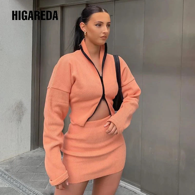 

2020 long sleeve zipper cardigan skirt 2 piece set autumn winter women fashion streetwear jacket tees transuit