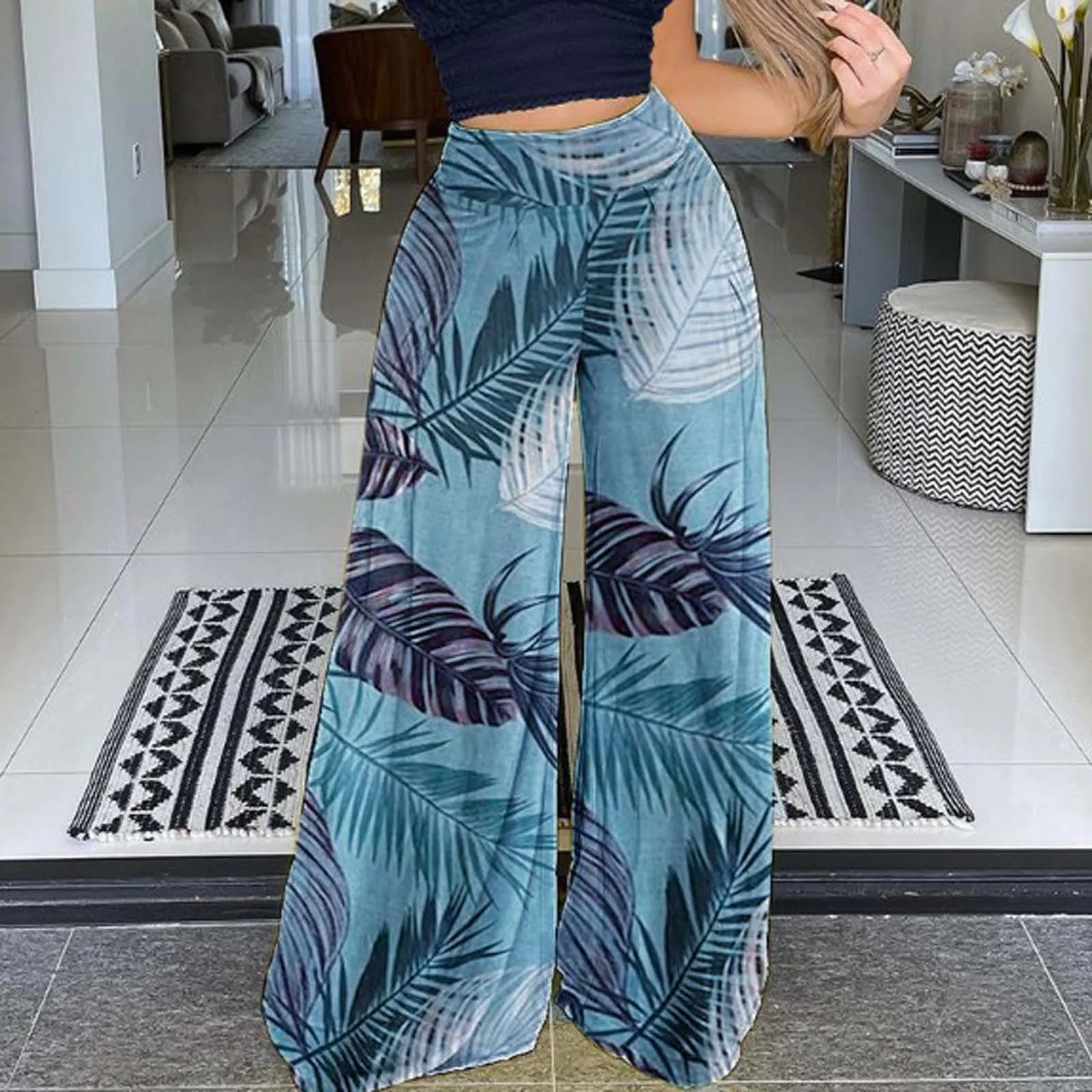 

Женские брюки с широкими штанинами, пляжная одежда для отпуска, брюки с высокой талией в стиле бохо, длинные брюки с тропическим принтом лис...
