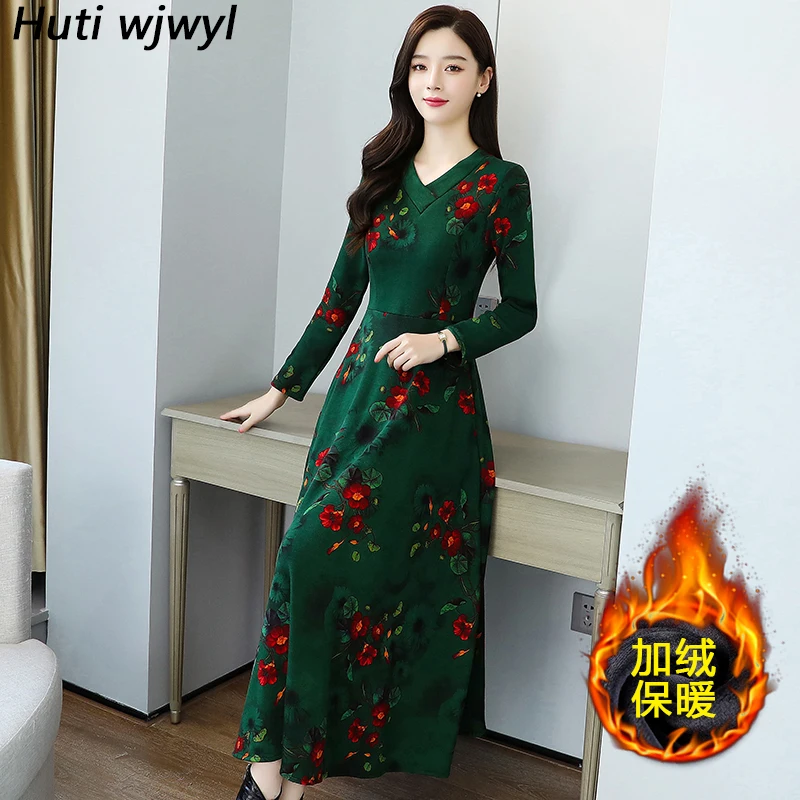

2022 Fashion Bodycon Floral Casual Maxi Dress Autumn Winter Plus Velvet Thick Warm Dress Women Vintage Elegant Party Midi Dress