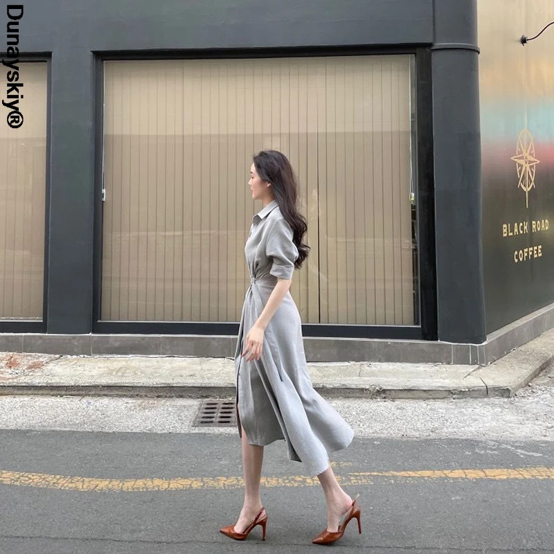 

2021 Autumn Korean Women Pleated Long Maxi Dress Long Sleeve Turn-down Collar Dresses Fashion Office Ladies Vestidos