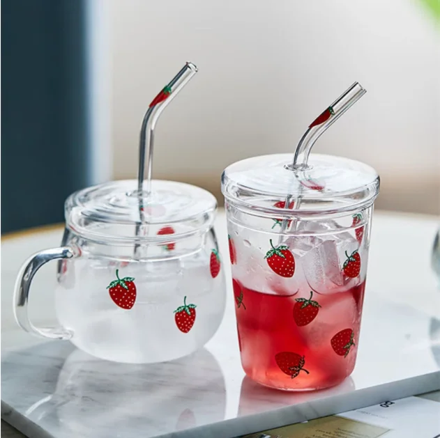 

Kawaii Strawberry Glass Mug With Straw Creative High Temperature Resistance Clear Glass Water Cup Household Milk Juice Cups