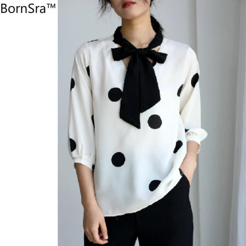 

Bornsar V-neck Lace Knitted Casual Regular Polka Dot Polka Dot Womens Blouse Short Korean Summer Ladies Chiffon Blouse