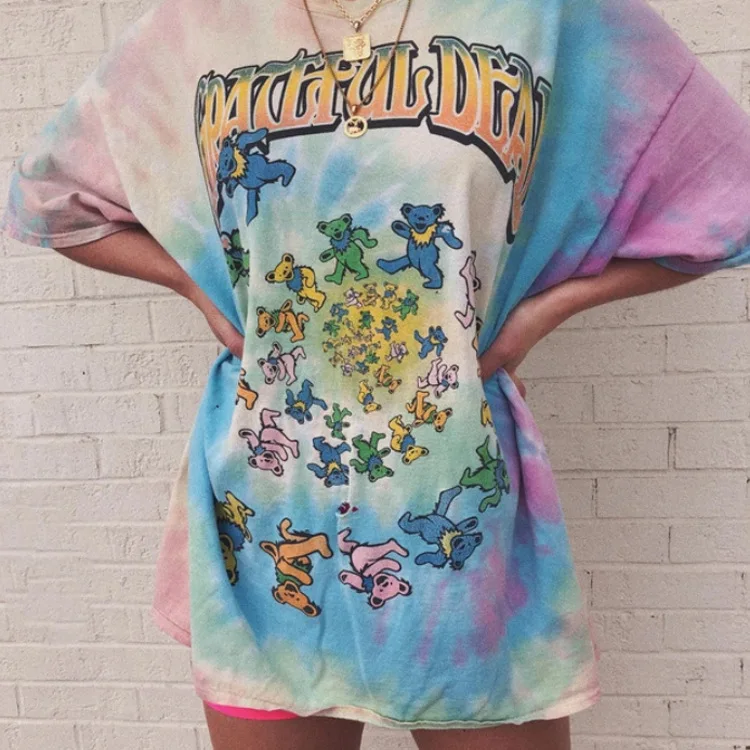

Tie Dye Cartoon Print Shirts Woman Summer Cute Letter Animal Short Sleeve Graphic Oversize Harajuku Casual Loose T-shirt Tee Top
