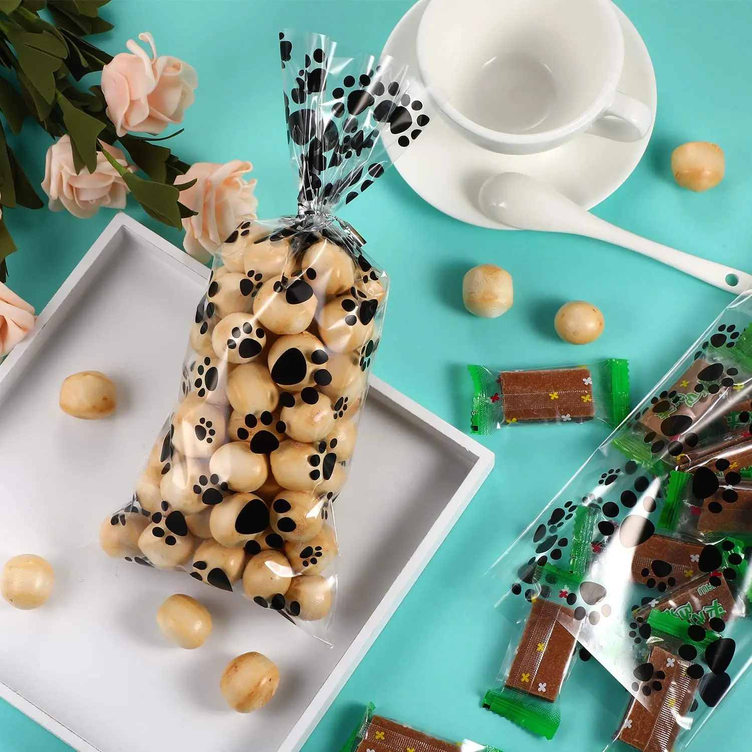 Прозрачные пакеты для сладостей целлофановые с принтом лап домашних животных