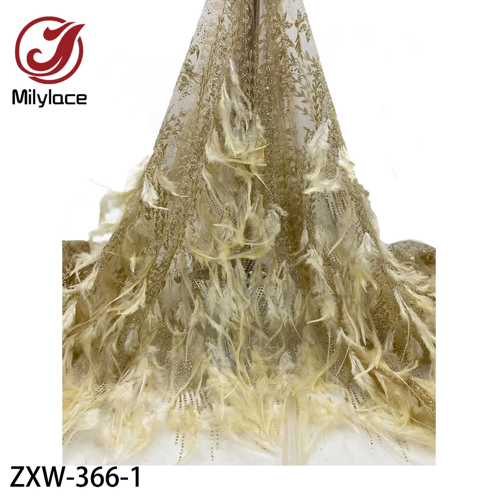 

French Sequins Lace Fabric High Quality Lace 3D Feathers African Tulle Fabrics Net Lace Fabric for Party Dress ZXW-366