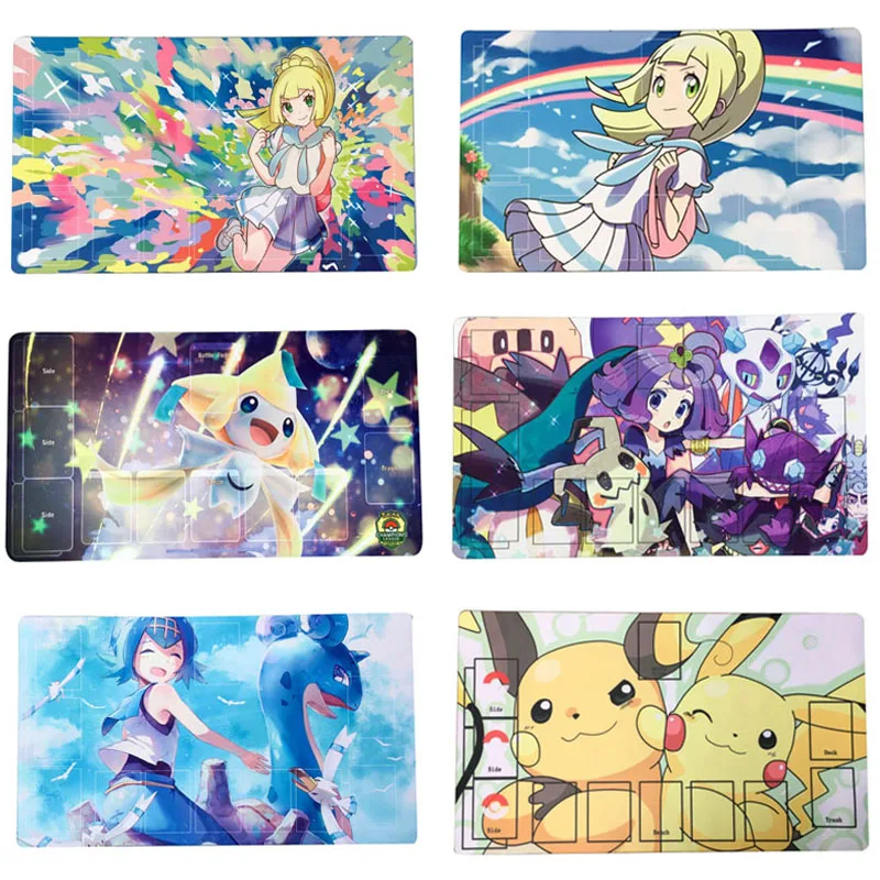 

Pokemon Cards 60x35CM DIY PTCG Battle Table Mat Card Mat Acerola Jirachi Raichu Pikachu Lana Lillie DIY Double Mat Kids Toy Gift