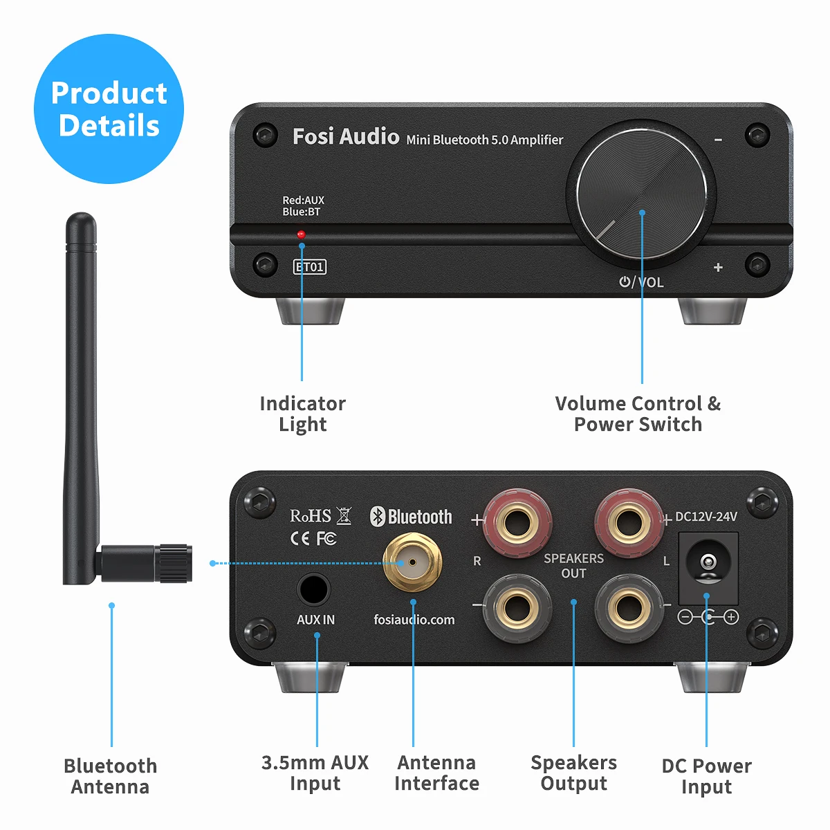 Звуковой усилитель Fosi Audio BT01 Bluetooth 5 0 2 канальный класса D Мини Hi Fi встроенный