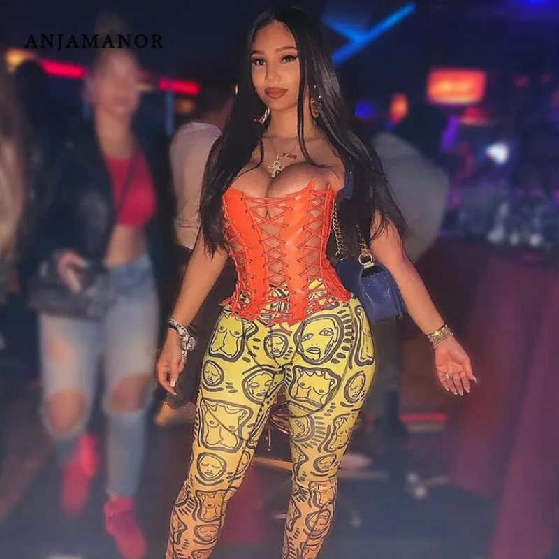 

ANJAMANOR Sexy Hollow Out Bandage Corset Top Womens Fashion Gothic Crop Top Orange Black Faux Leather Club Wear Tops D87-CC10