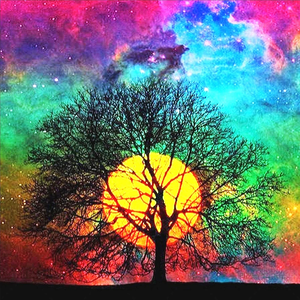 Starry Sky Gorgeous Sunset Behind Tree 5d Diamond Painting Full Square New Arrival Sun and Embroidery Cross Stitch Kit | Дом и сад