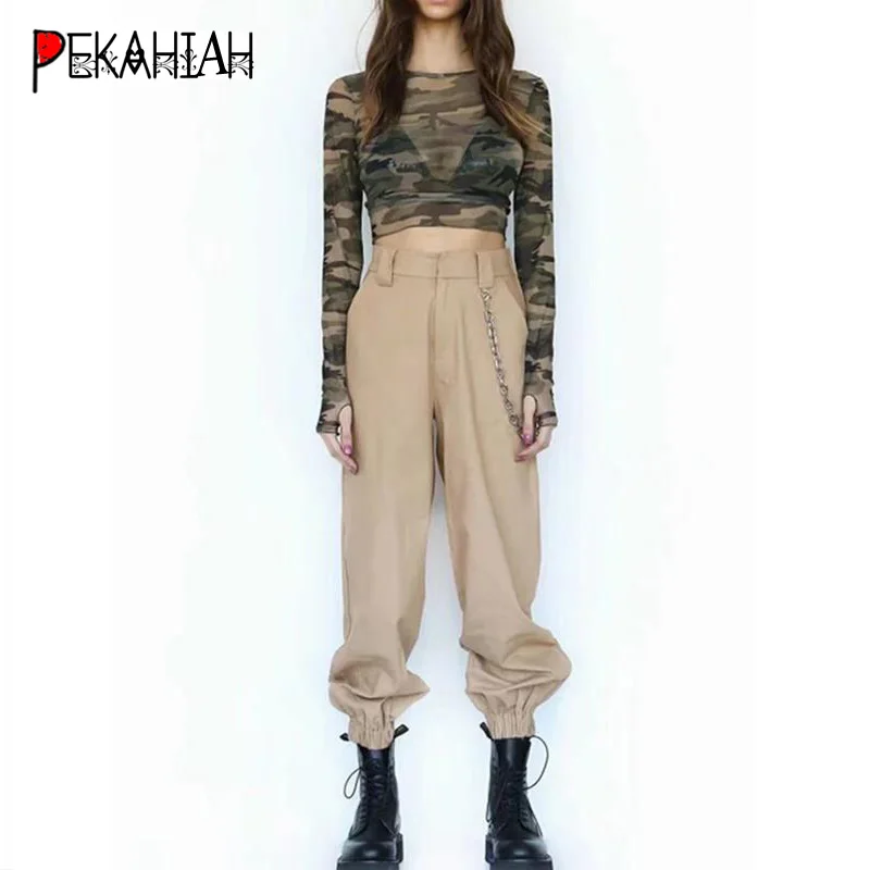 Брюки-карго с цепочкой для девочек армейские камуфляжные брюки высокой талией в