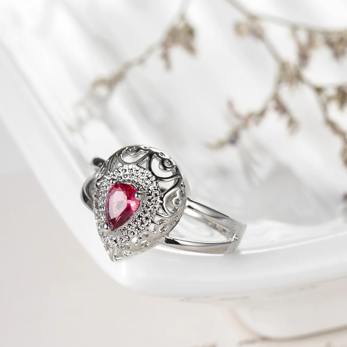 Rose Red/Royal Blue Colors Cubic Zirconia Ring Hollow Pear Shape Art Deco Engagement Wedding Rings Promise for Women Gifts | Украшения и