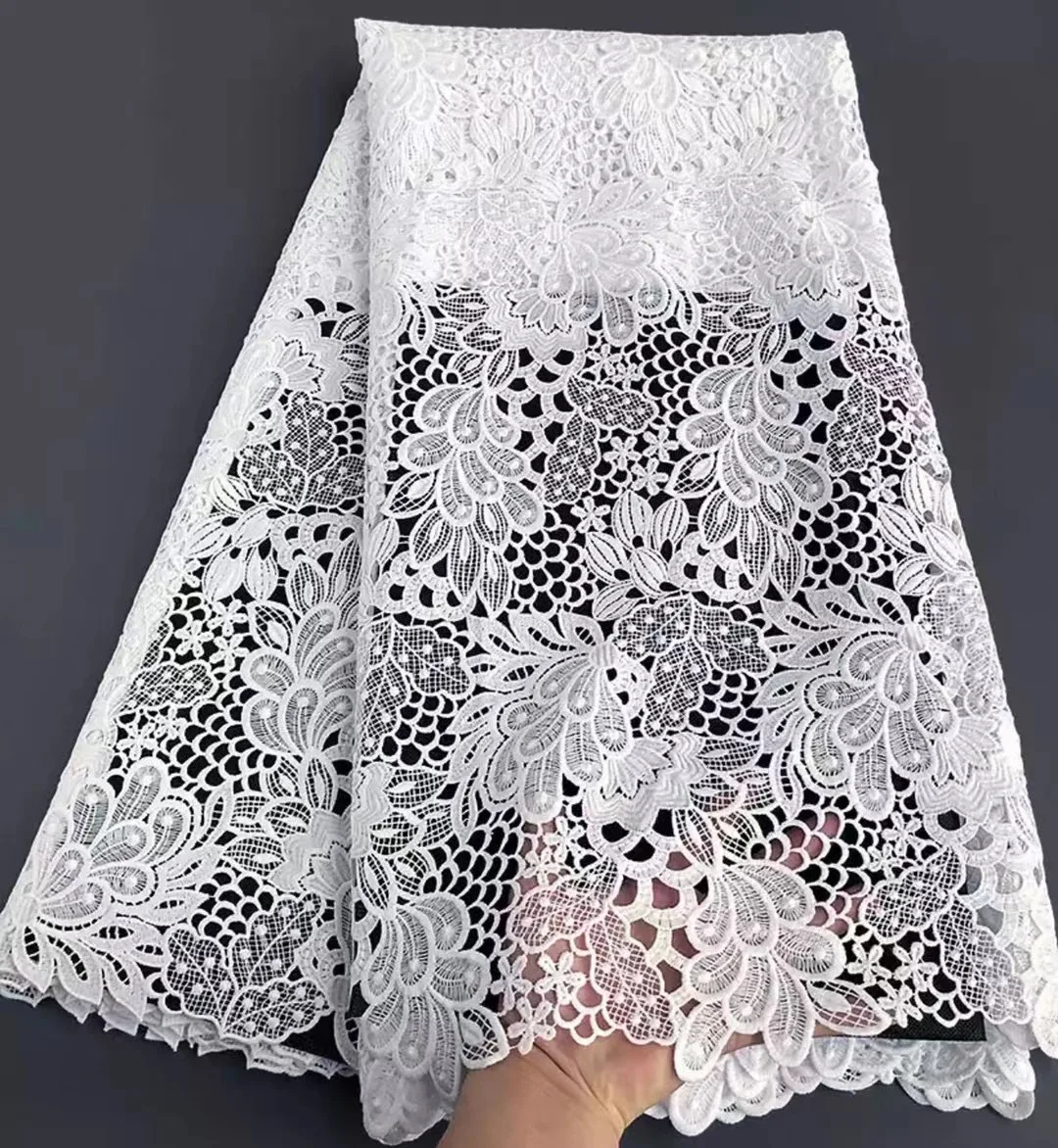 

Pure White Hollow High Quality African Lace Fabric Nigerian African Guipure Cord Lace Fabric Water Soluble For Party Material AW