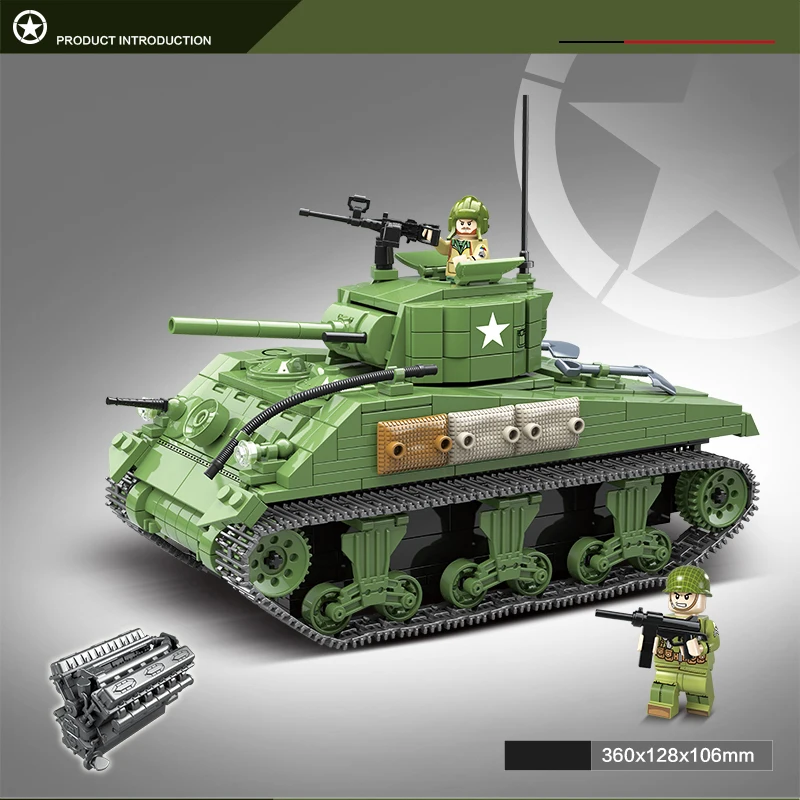 

726 PCS US Military Sherman M4A1 Tank Building Blocks Technic City Police WW2 Tank Soldier Weapon Army Bricks Kids Toys