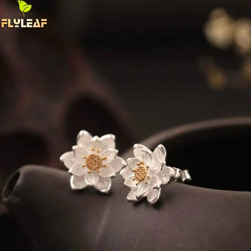 

Flyleaf 925 Sterling Silver Golden Lotus Flower Stud Earrings For Women High Quality Elegant Lady Sterling-silver-jewelry
