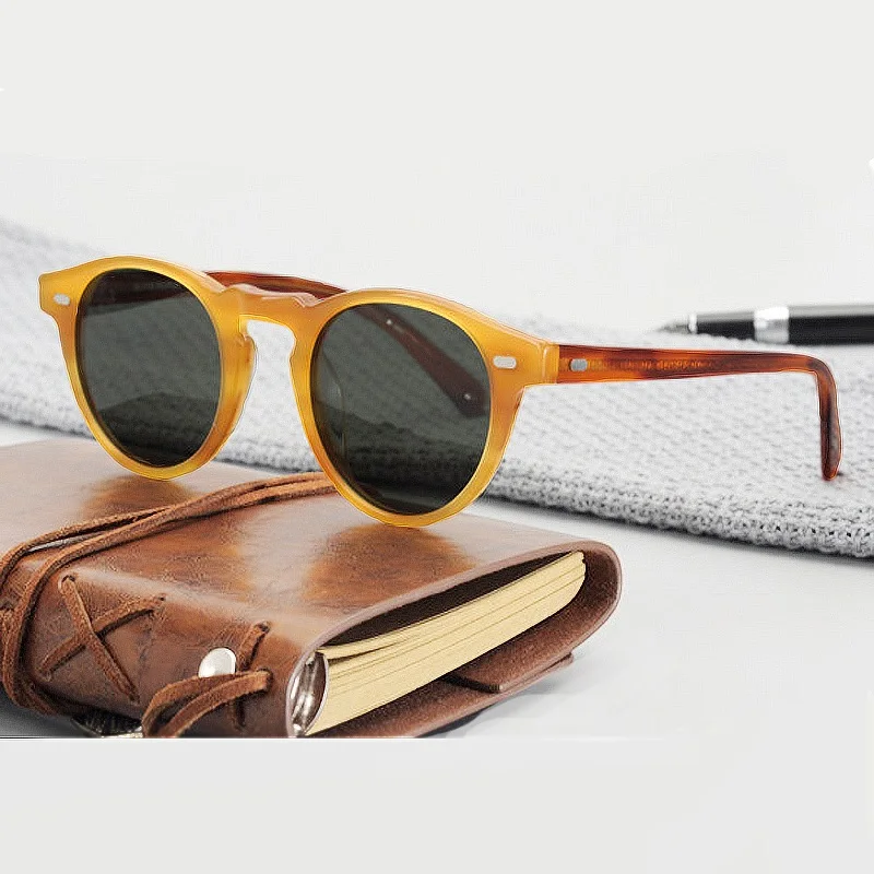 yellow brown-gray Gregory Peck солнцезащитные очки в стиле ретро, круглые оправа OV5186 Для Мужчин Поляризованные Винтаж очки Для женщин очки для вождения автомобиля свет ацетатные очки круглые очки - Цвет линз: yellow brown-gray