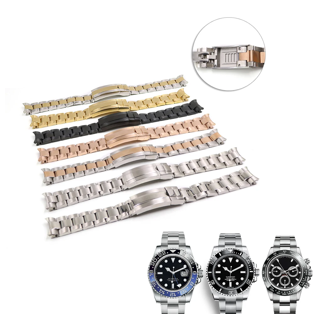 

Rolamy 20mm Solid Curved End Screw Links Glide Lock Clasp Steel Watch Band For Rolex OYSTER Style Daytona GMT Submariner