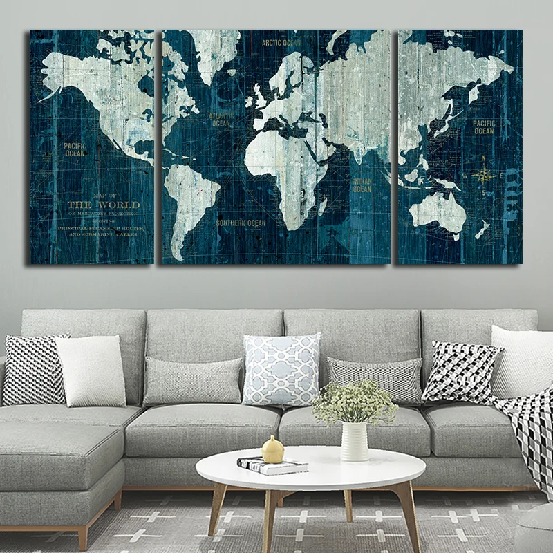 3 Панели синяя карта старого мира постер картина для гостиной современный и