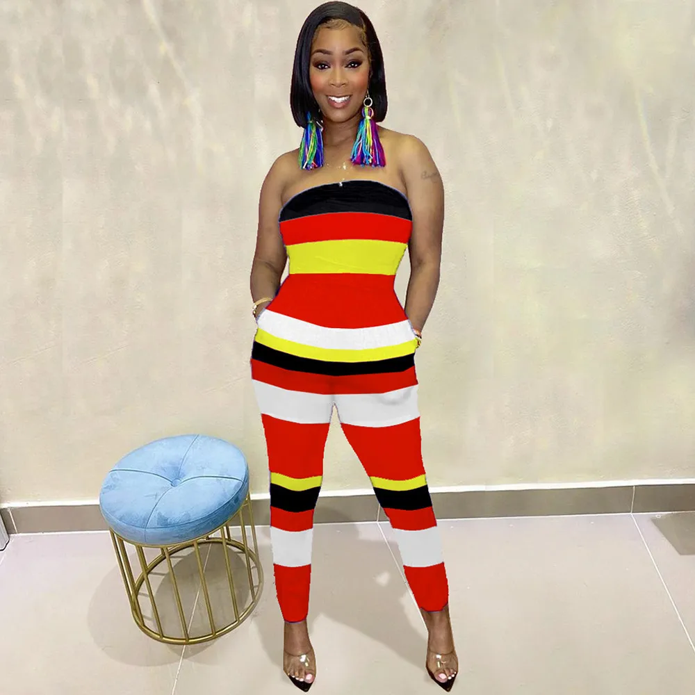 

Красочный полосатый принт Одна деталь Клубные наряды Для женщин с открытыми плечами без бретелек Тощий ползунки хипстер с низким вырезом н...