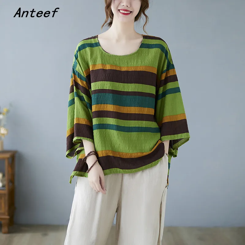 

Anteef oversized cotton vintage stripe casual loose summer tee t shirt women t-shirt ladies tshirt 2022 top streetwear clothing