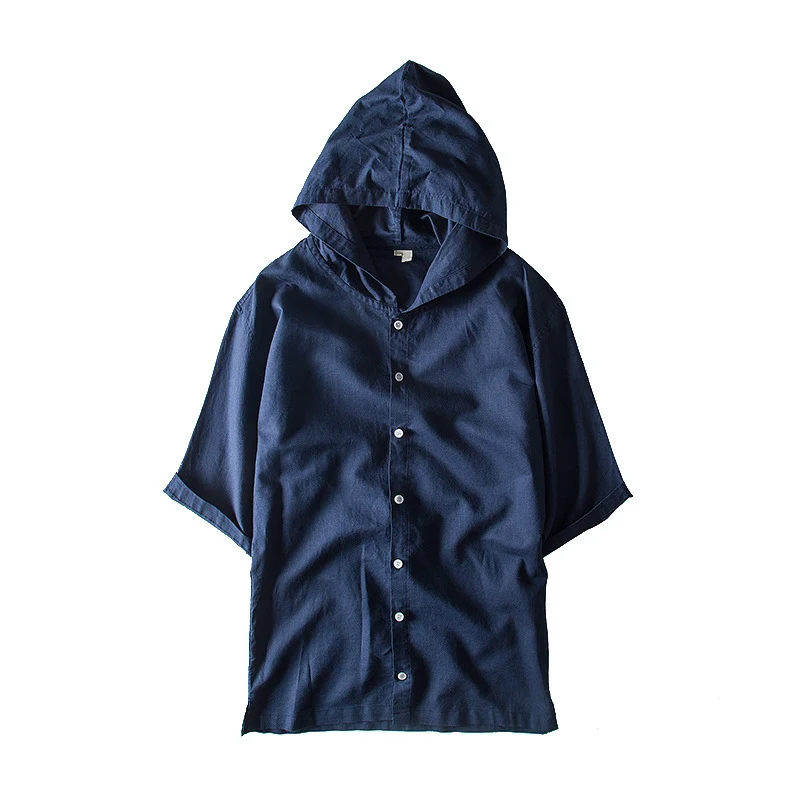 

New Arrival Mens Dark Blue Hooded Shirts Casual Slim Fit Cotton Linen Summer Short Sleeve Social Shirt Top Male Plus Size Xxxl
