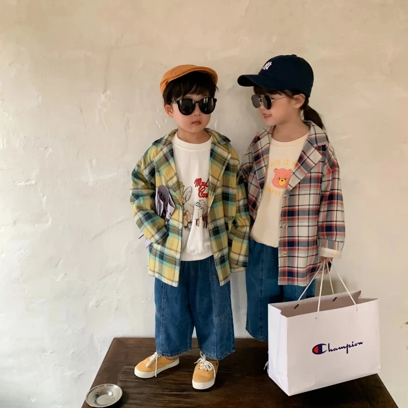 

Autumn Boys Girls Casual Plaid Suit Coats Siblings Loose Single-breasted Blazers Children Outwears