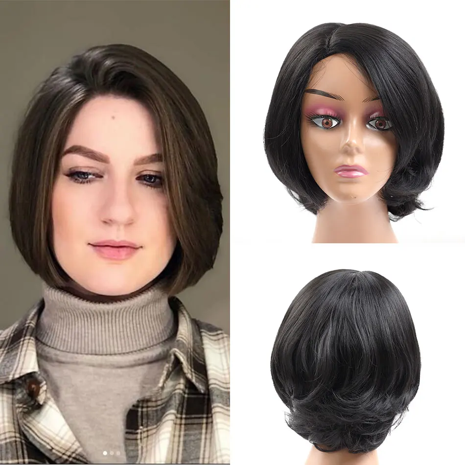 

Short Black Bob Wig Synthctic Hari Fake Hair Wigs For Women Highlight Heat Resistant Fiber Culry End By FASHION LINE
