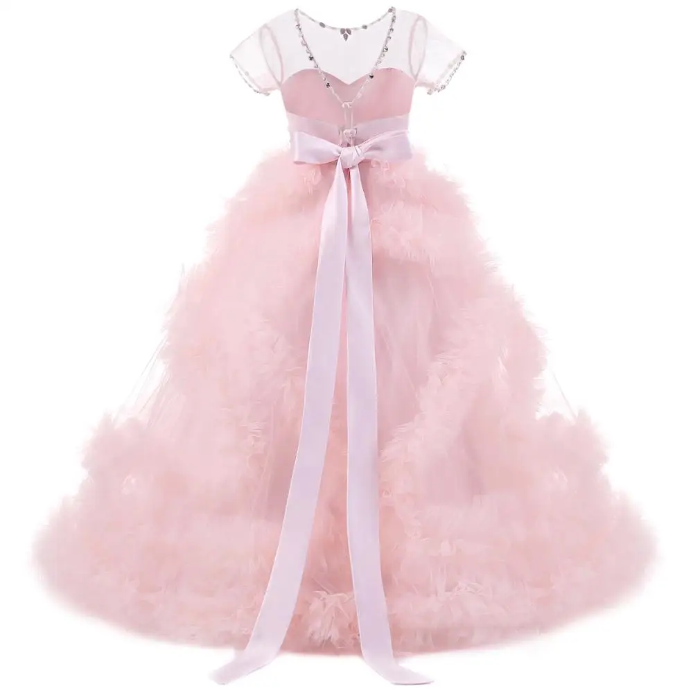 Princess Flower Lace Tutu Girl Dress Wedding Evening Mopping Long Fluffy Elegant Party Costume Kids 10 12 Years | Детская одежда и