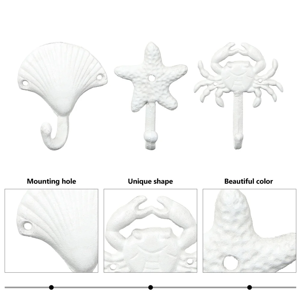 

3pcs Wrought Iron Decorative Single Hook Vintage Wall-mounted Coat and Hat Hooks (Crab+Scallop+Sea Star)