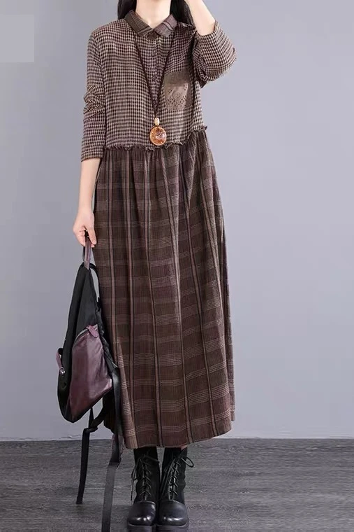 

COIGARSAM Vintage Plaid Women dress New Spring Full Sleeve Cotton Linen Dresses 8588