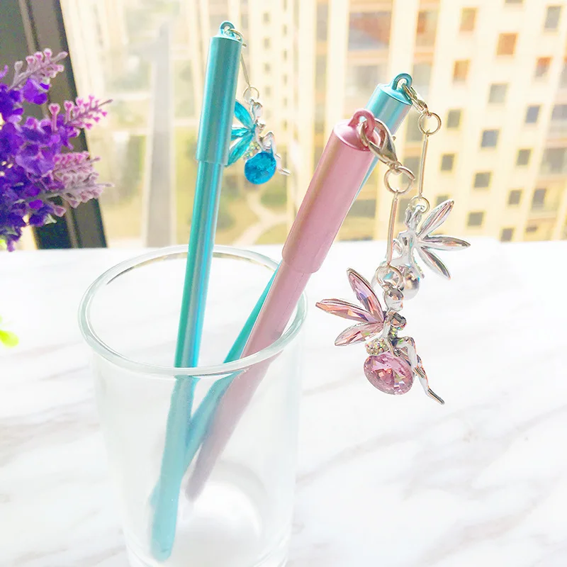 

24pcs carbon pen stationery Gel Pens creative angel girl rhinestone alloy pendant gel pen black small fresh
