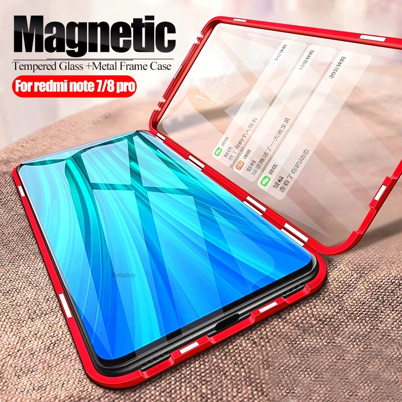 Магнитный чехол для xiaomi redmi note 8 pro двухсторонний из закаленного стекла xiomi xaomi 7