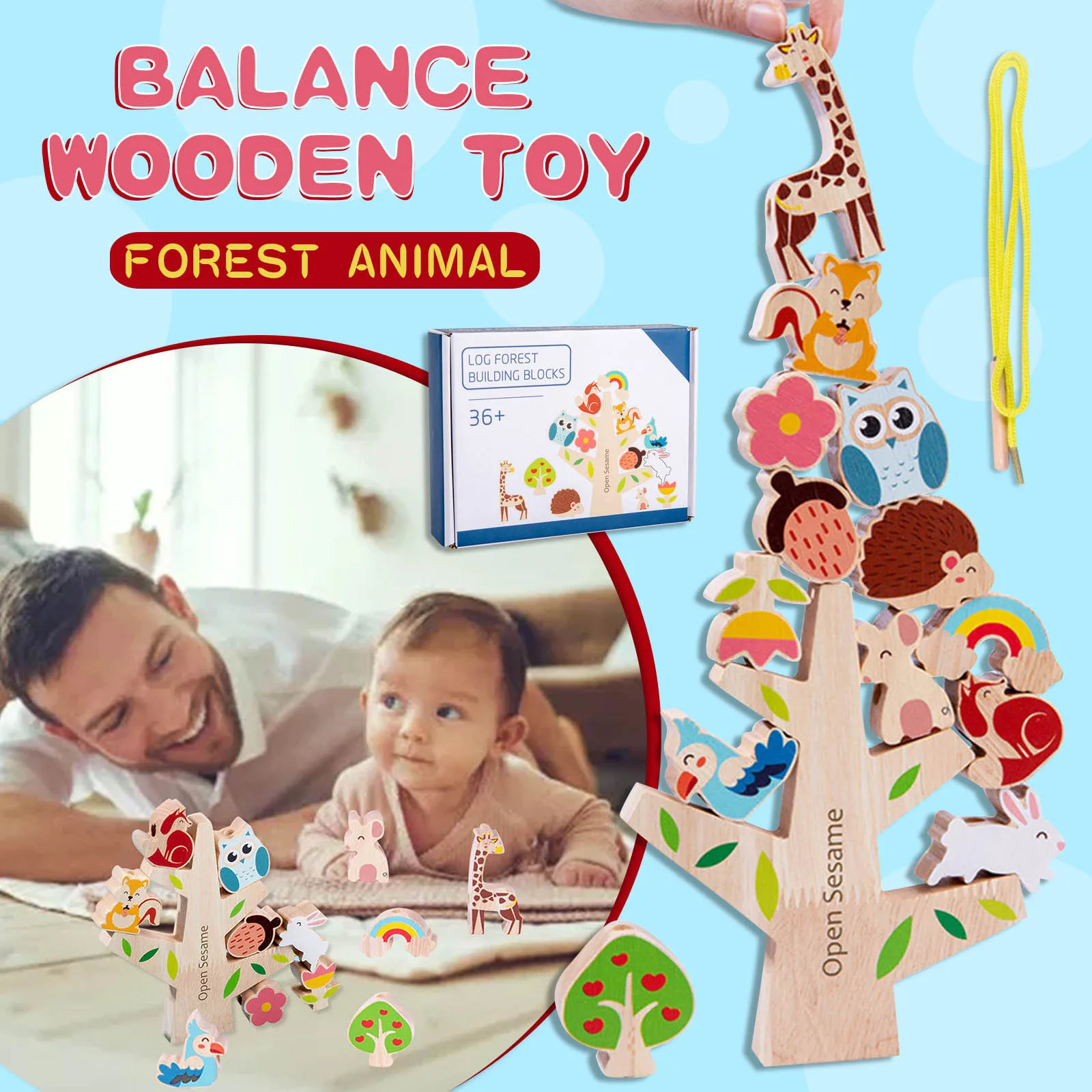 

15 Piece Set Balance Wooden Jenga Blocks Toys Montessori Stacking Threading Games Early Educational Fine Motor Training Toys