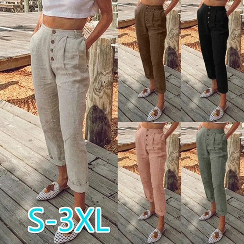 

Women Pants Ladies Solid Color Pocket Buttons Casual All-match Pencil Pants Plus Size S-3XL Spring Summer Straight Slim Trousers
