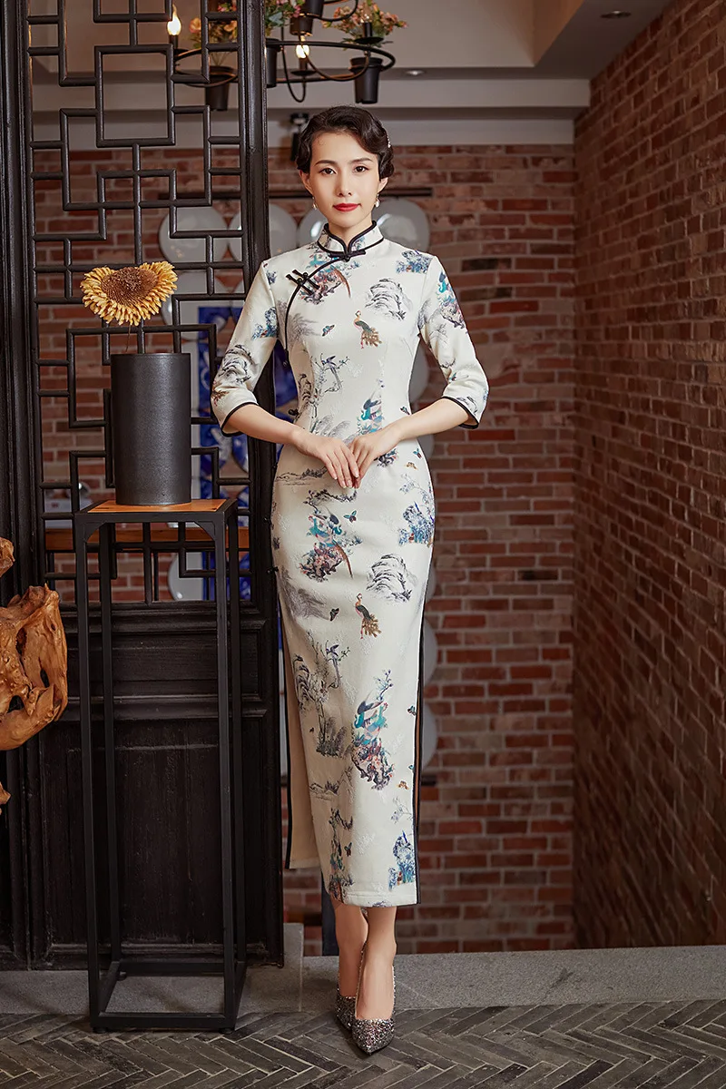 

Замшевое осенне-зимнее платье-Ципао, пикантное облегающее платье с воротником-стойкой, традиционное Восточное китайское платье, новое тепл...