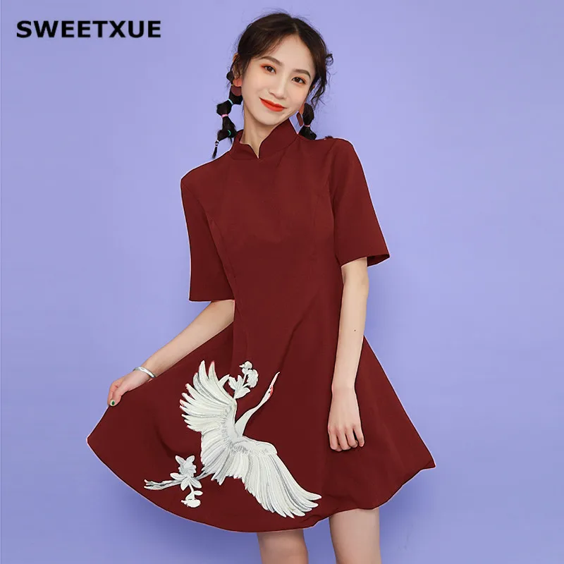 SWEETXUE летнее китайское платье Ципао с рисунком Стиль вышитые трапециевидный