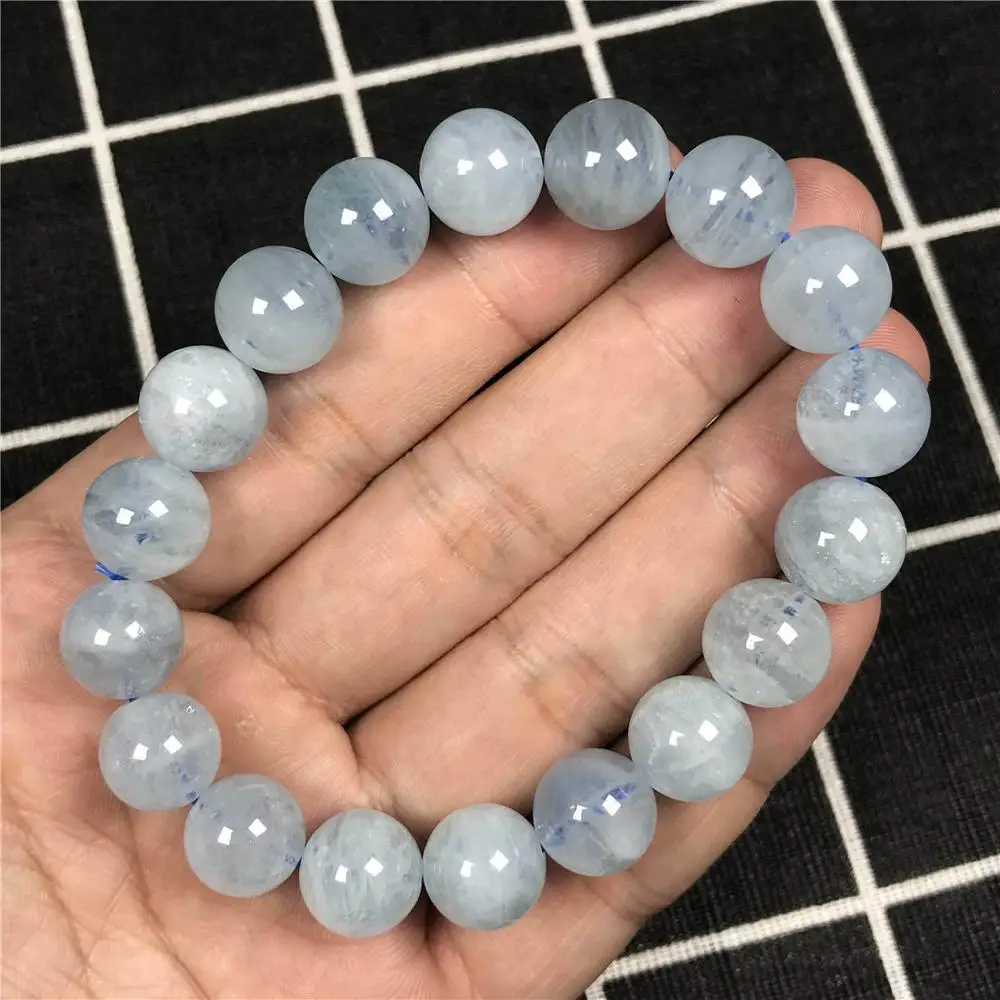 

11,5 мм натуральный синий Аквамариновый браслет для женщин и женщин, растягивающийся синий круглый браслет с бусинами, Кристальные целебные ...